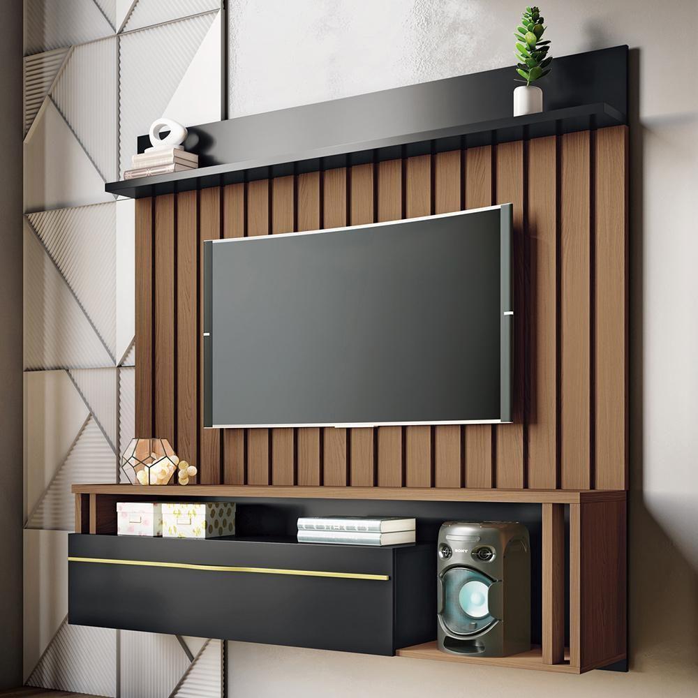 Painel Para Tv 55 Pol Ripado Com Bancada Suspensa Blanc B01 Castanho Preto - Lyam Decor - 2
