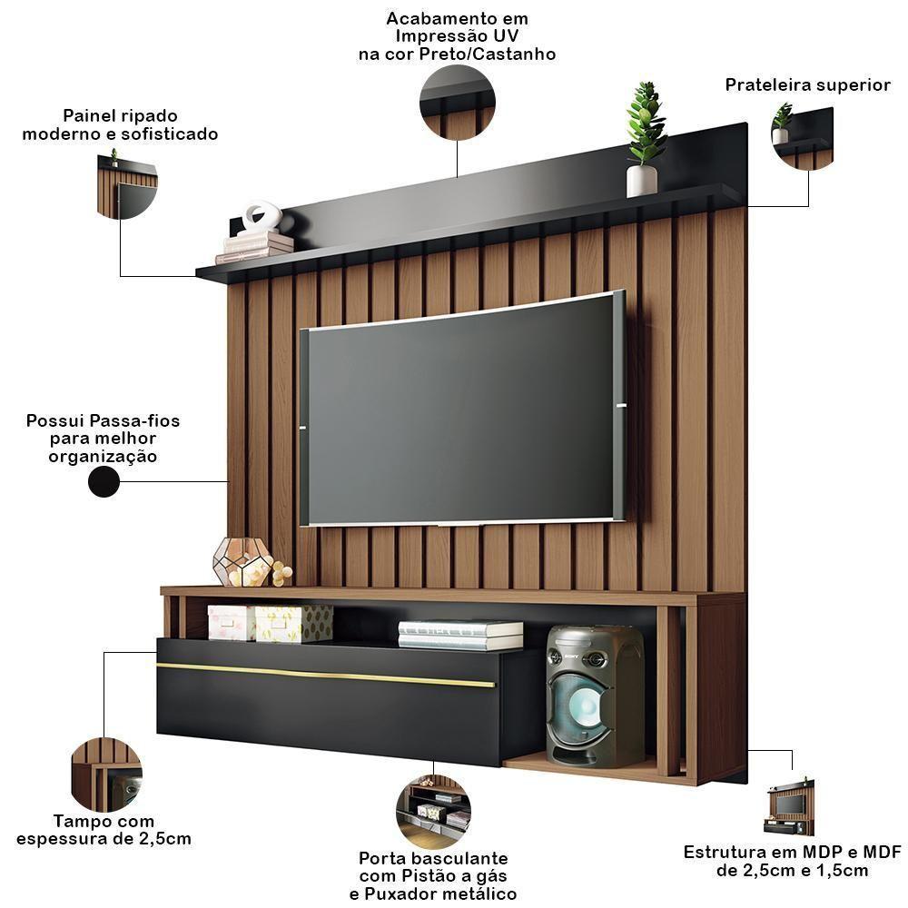 Painel Para Tv 55 Pol Ripado Com Bancada Suspensa Blanc B01 Castanho Preto - Lyam Decor - 3