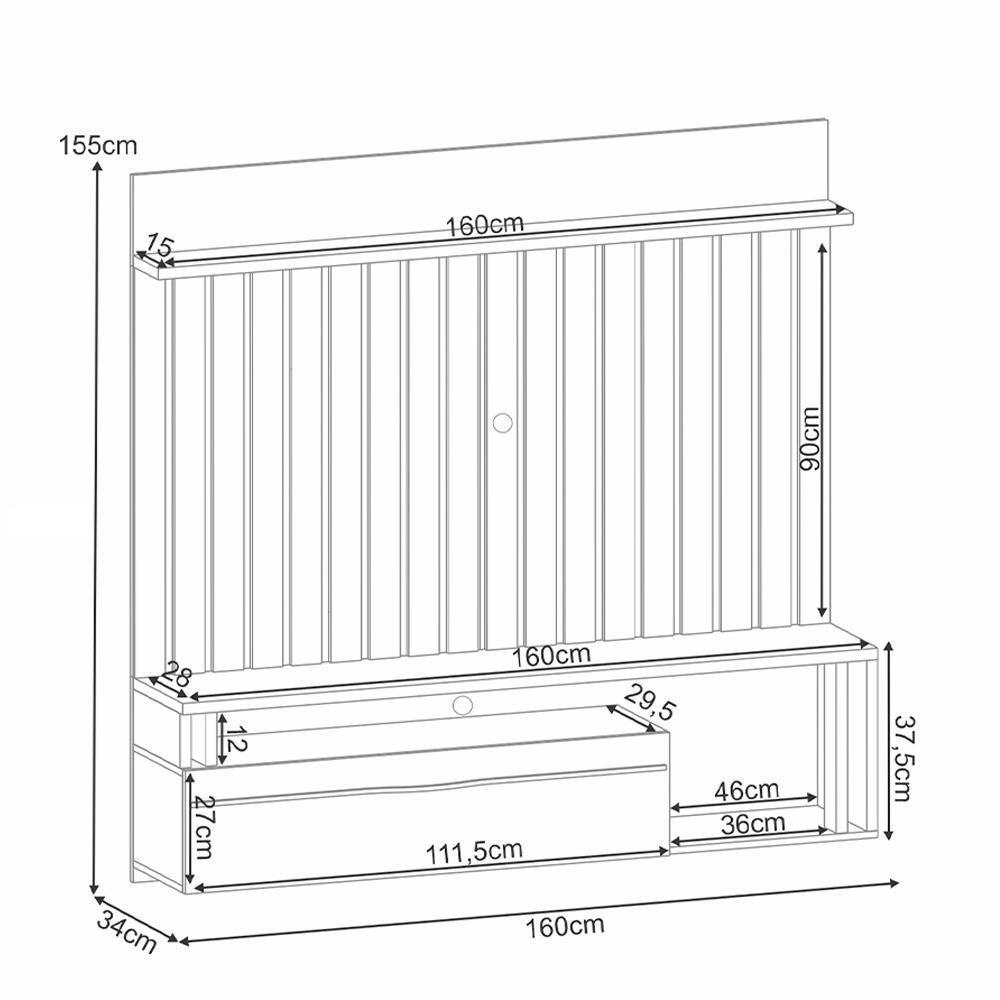 Painel Para Tv 55 Pol Ripado Com Bancada Suspensa Blanc B01 Castanho Preto - Lyam Decor - 4