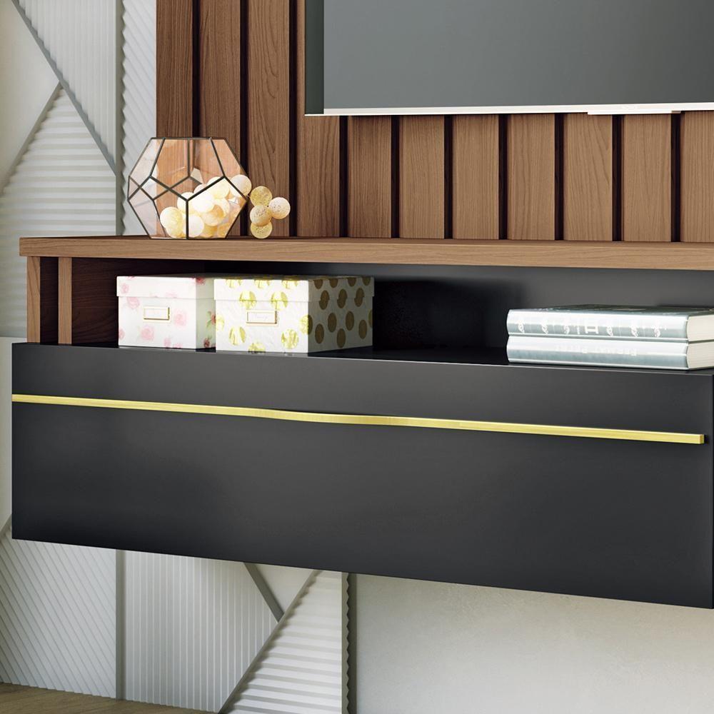 Painel Para Tv 55 Pol Ripado Com Bancada Suspensa Blanc B01 Castanho Preto - Lyam Decor - 6