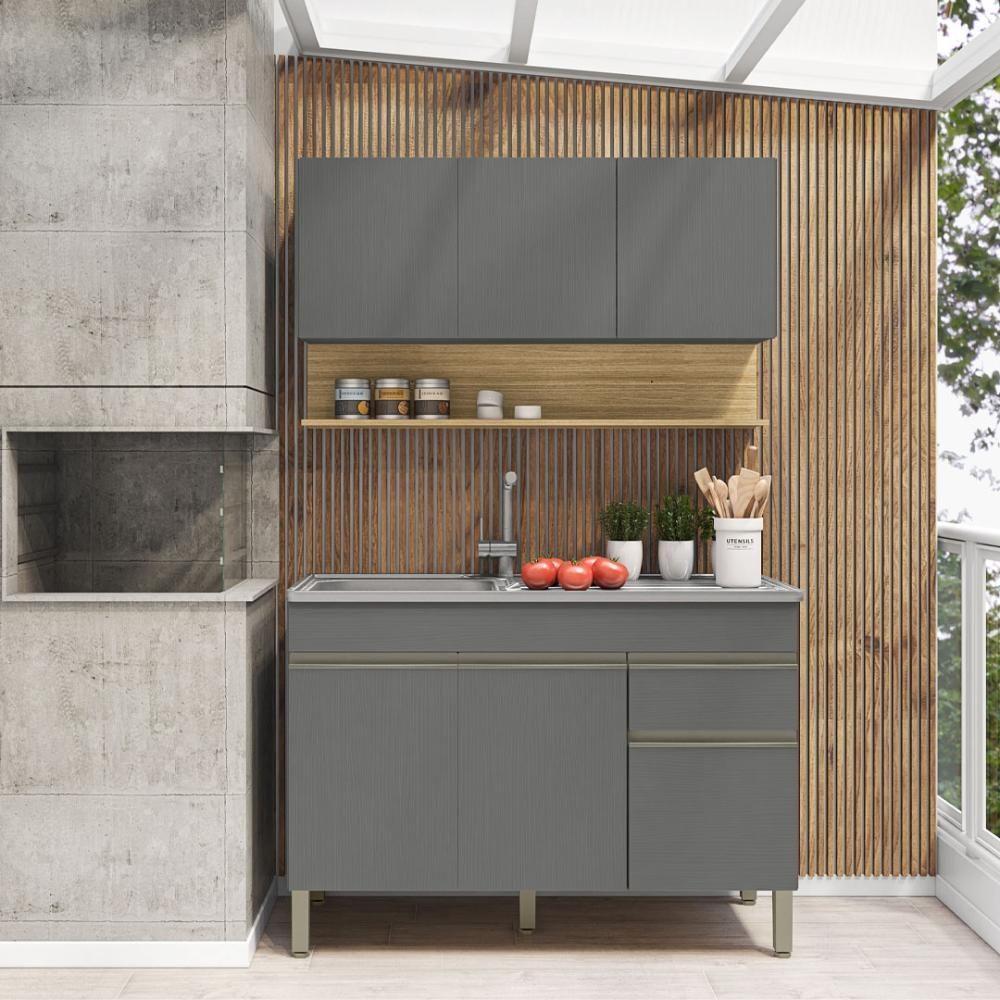 Kit Balcão De Pia Sem Tampo E Aereo 120 Cm 6 Portas 1 Gaveta Line - Gris/gris/cp-freijó - 1