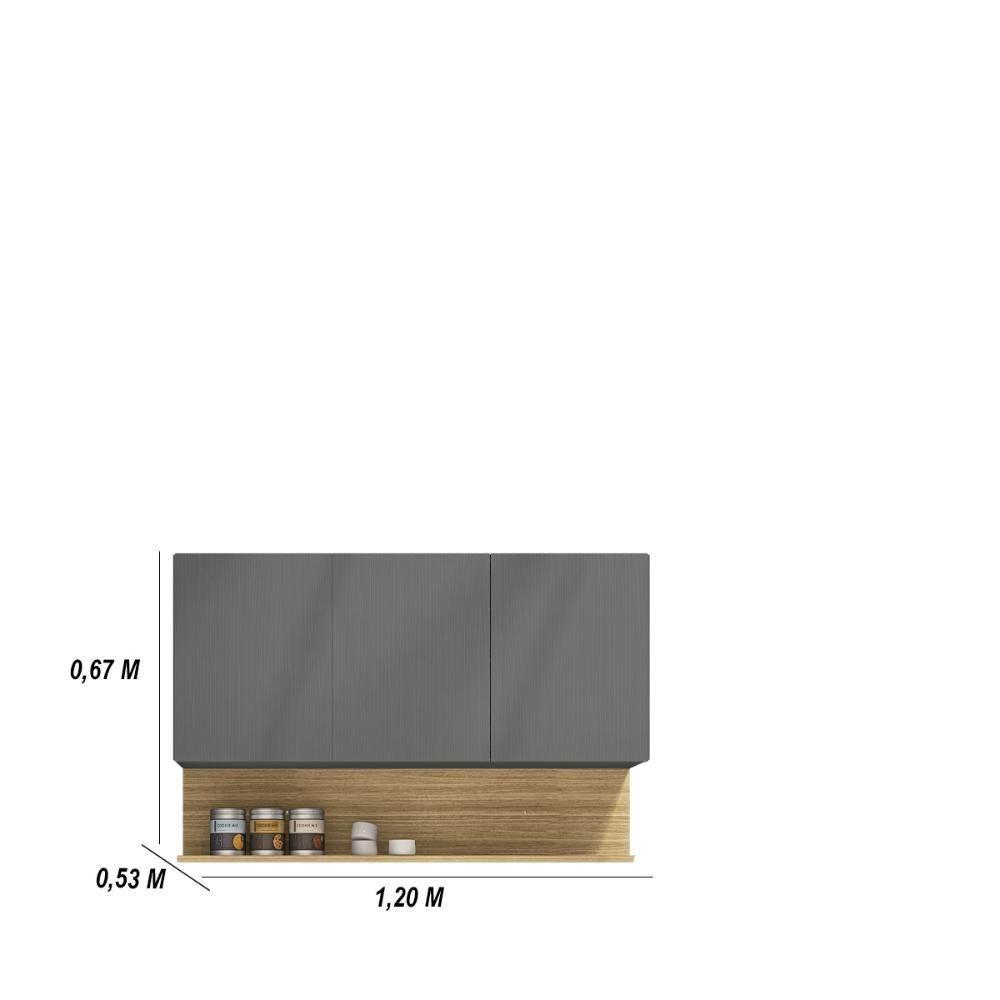 Kit Balcão De Pia Sem Tampo E Aereo 120 Cm 6 Portas 1 Gaveta Line - Gris/gris/cp-freijó - 3