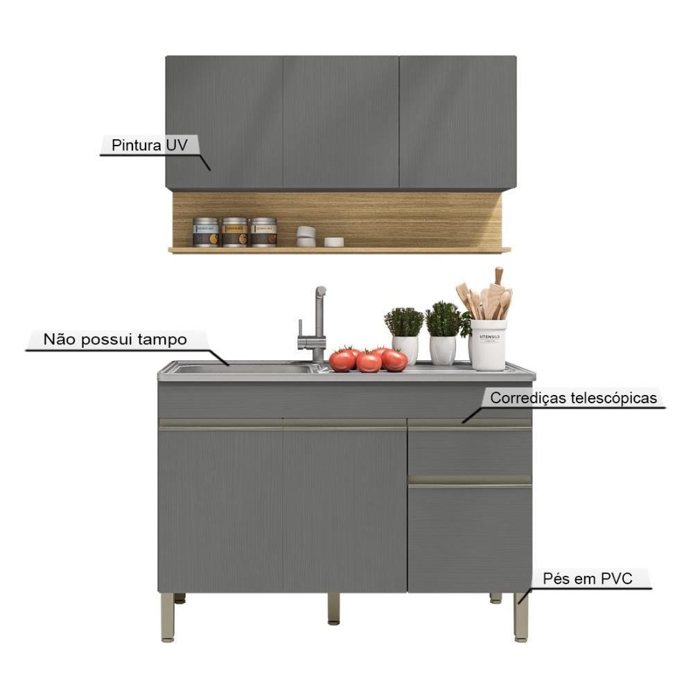 Kit Balcão De Pia Sem Tampo E Aereo 120 Cm 6 Portas 1 Gaveta Line - Gris/gris/cp-freijó - 5