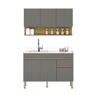 Kit Balcão De Pia Sem Tampo E Aereo 120 Cm 6 Portas 1 Gaveta Line - Gris/gris/cp-freijó - 7