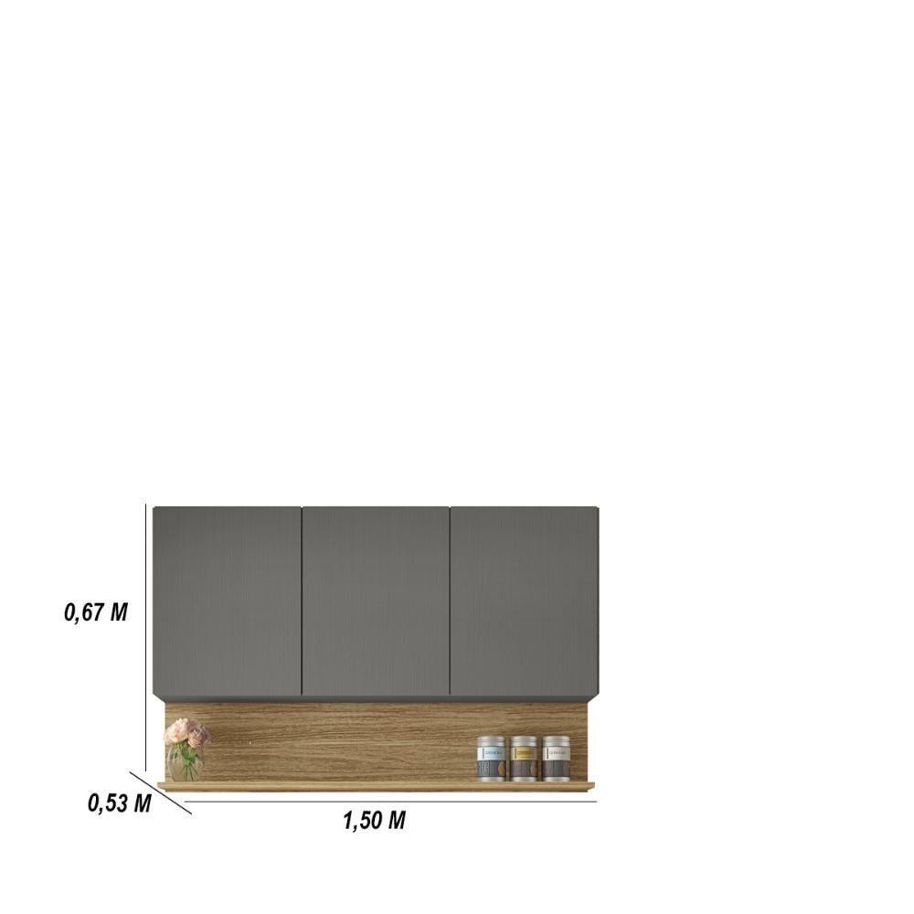 Kit Balcão De Pia Com Tampo E Aereo 150 Cm 6 Portas 1 Gaveta Line - Gris/gris/cp-freijó - 3