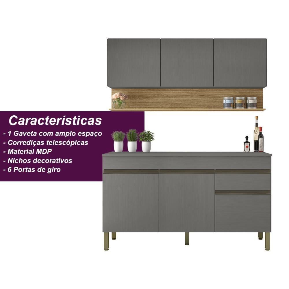 Kit Balcão De Pia Com Tampo E Aereo 150 Cm 6 Portas 1 Gaveta Line - Gris/gris/cp-freijó - 6