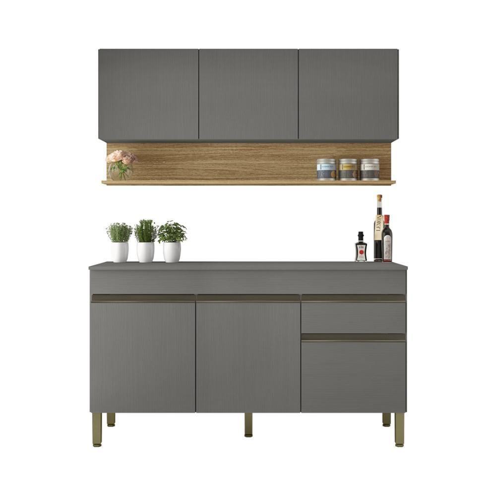 Kit Balcão De Pia Com Tampo E Aereo 150 Cm 6 Portas 1 Gaveta Line - Gris/gris/cp-freijó - 7