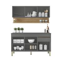 Kit Balcão De Pia Com Tampo E Aereo 150 Cm 6 Portas 1 Gaveta Line - Gris/gris/cp-freijó