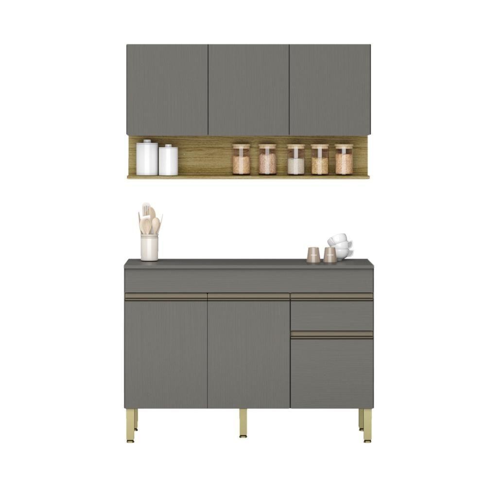 Kit Balcão De Pia Com Tampo E Aereo 120 Cm 6 Portas 1 Gaveta Line - Gris/gris/cp-freijó - 6