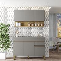 Kit Balcão De Pia Com Tampo E Aereo 120 Cm 6 Portas 1 Gaveta Line - Gris/gris/cp-freijó - 1