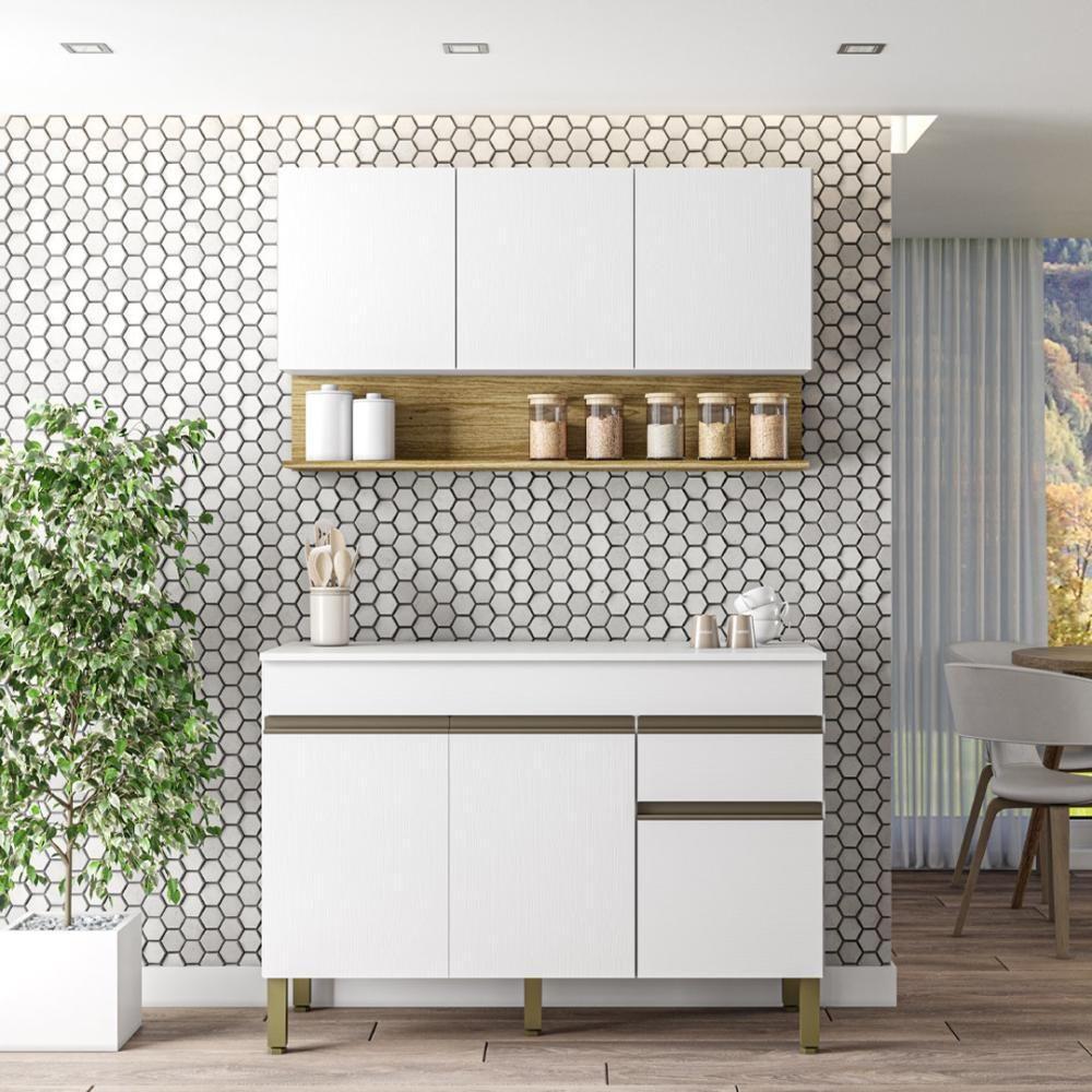 Kit Balcão De Pia Com Tampo E Aereo 120 Cm 6 Portas 1 Gaveta Line - Supremo/supremo/cp-freijó - 1