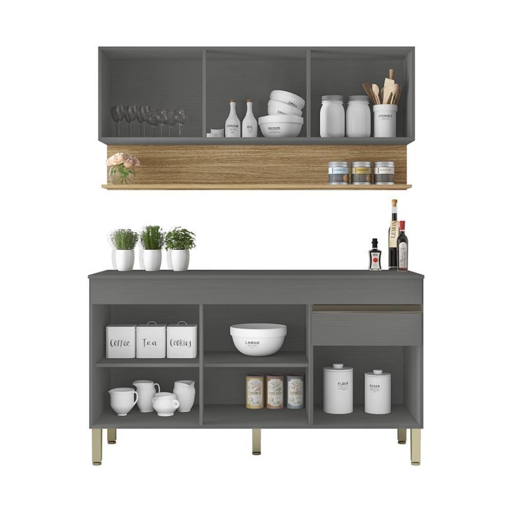 Kit Balcão De Pia Sem Tampo E Aereo 150 Cm 6 Portas 1 Gaveta Line - Gris/gris/cp-freijó - 4