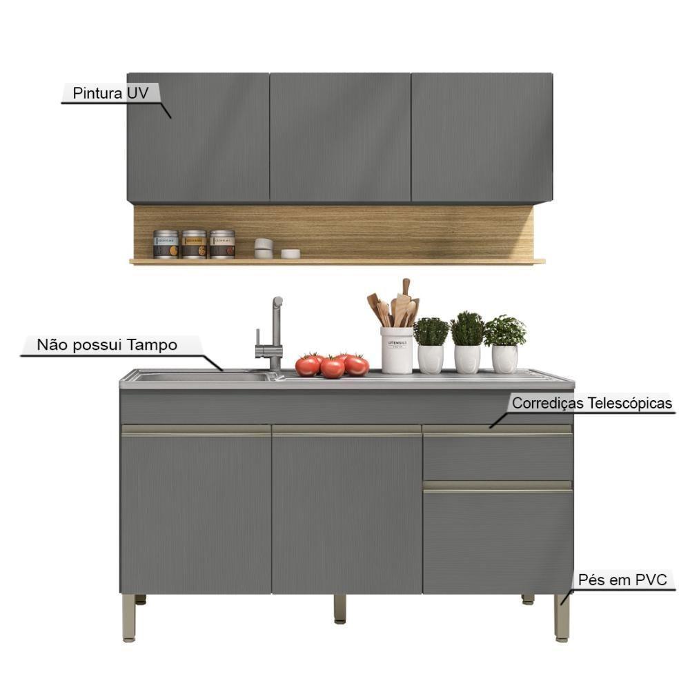 Kit Balcão De Pia Sem Tampo E Aereo 150 Cm 6 Portas 1 Gaveta Line - Gris/gris/cp-freijó - 5