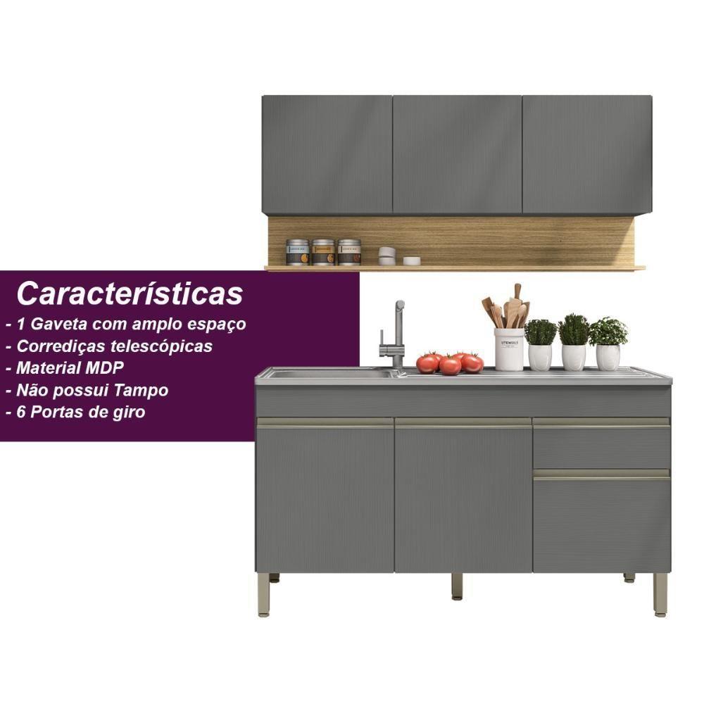 Kit Balcão De Pia Sem Tampo E Aereo 150 Cm 6 Portas 1 Gaveta Line - Gris/gris/cp-freijó - 6