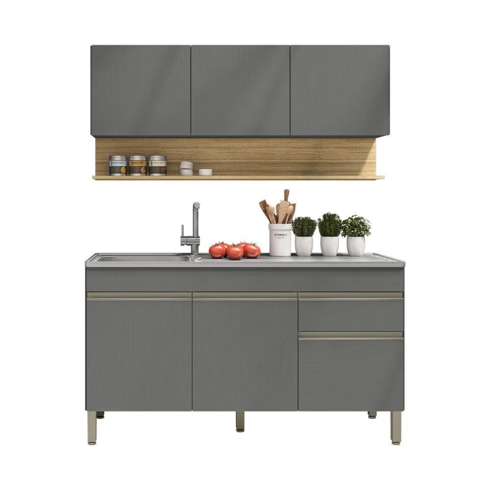 Kit Balcão De Pia Sem Tampo E Aereo 150 Cm 6 Portas 1 Gaveta Line - Gris/gris/cp-freijó - 7