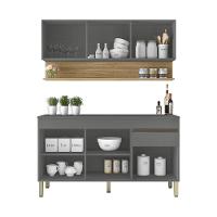 Kit Balcão De Pia Sem Tampo E Aereo 150 Cm 6 Portas 1 Gaveta Line - Gris/gris/cp-freijó