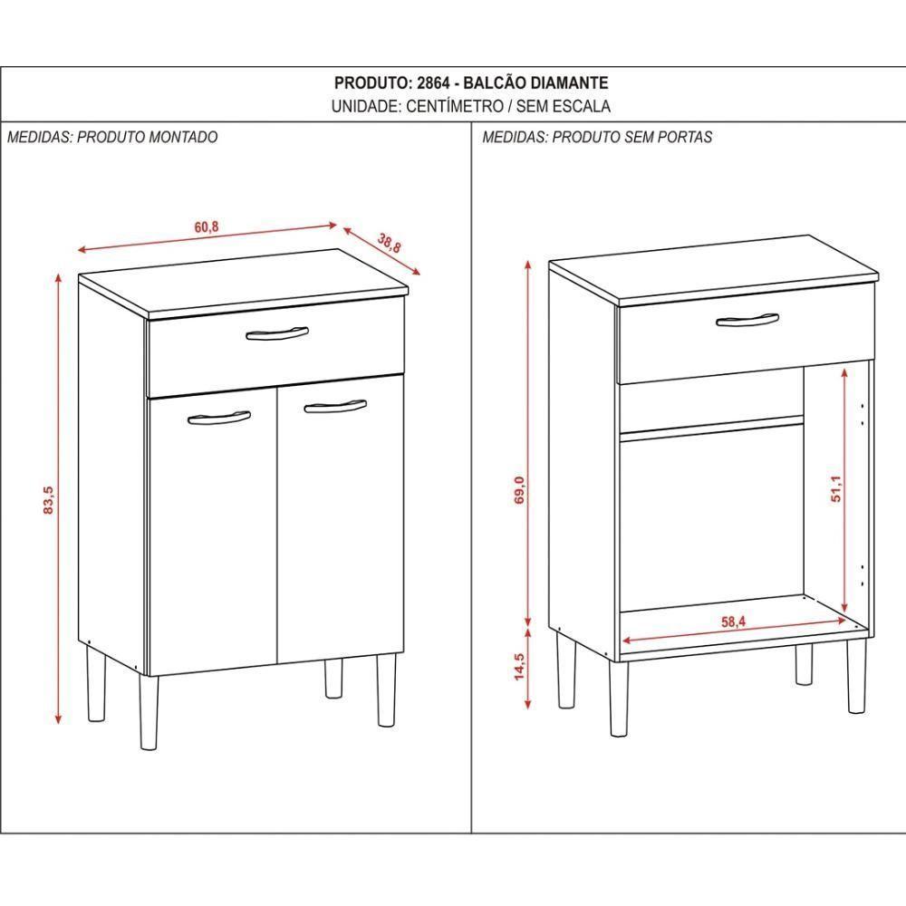 Balcão De Cozinha Com Tampo 2 Portas E 1 Gaveta Diamante - Branco/supremo - 8
