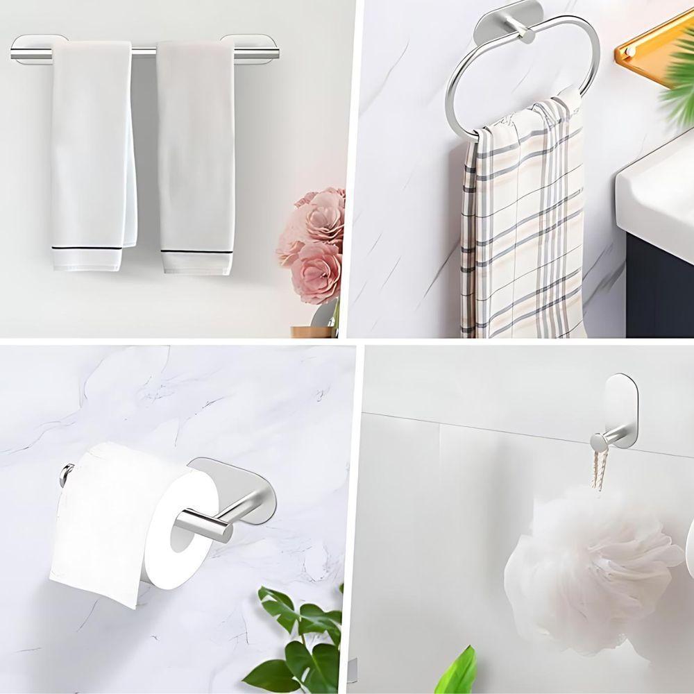 Kit Acessórios Banheiro Inox Autoadesivo Com 5 Peças Suporte - 4