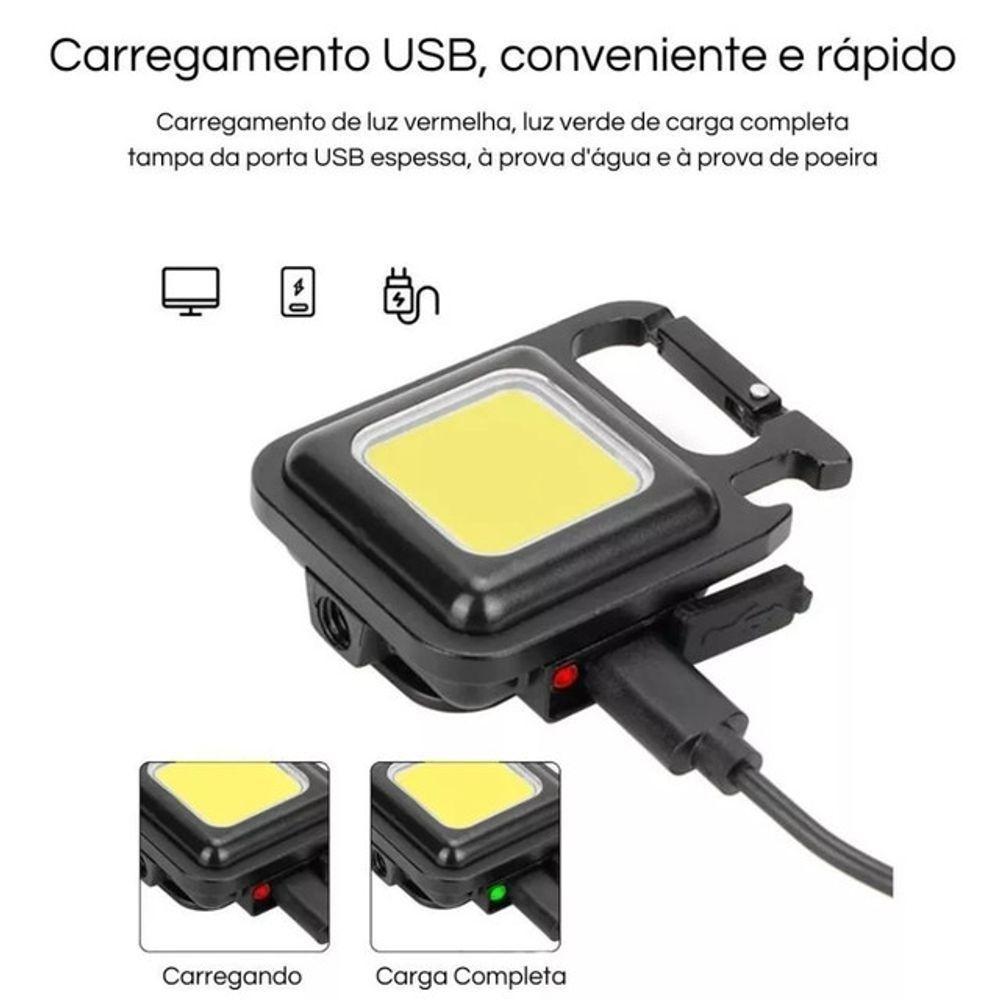 Mini Lanterna Mosquetão Chaveiro Led Holofote Multifuncional Usb Preto - 3
