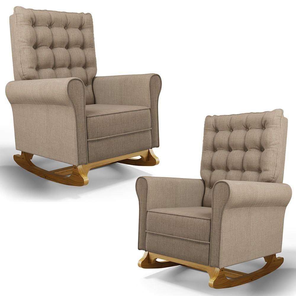 Kit 02 Poltronas De Amamentação E Descanso Base Madeira Balanço Brenda G05 Linho Areia - Mpozenato - 1
