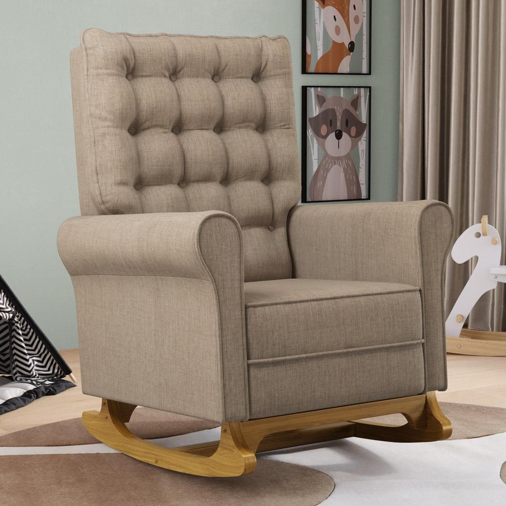 Kit 02 Poltronas De Amamentação E Descanso Base Madeira Balanço Brenda G05 Linho Areia - Mpozenato - 2