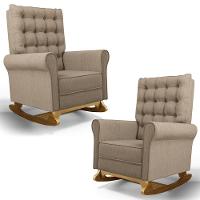 Kit 02 Poltronas De Amamentação E Descanso Base Madeira Balanço Brenda G05 Linho Areia - Mpozenato - 1