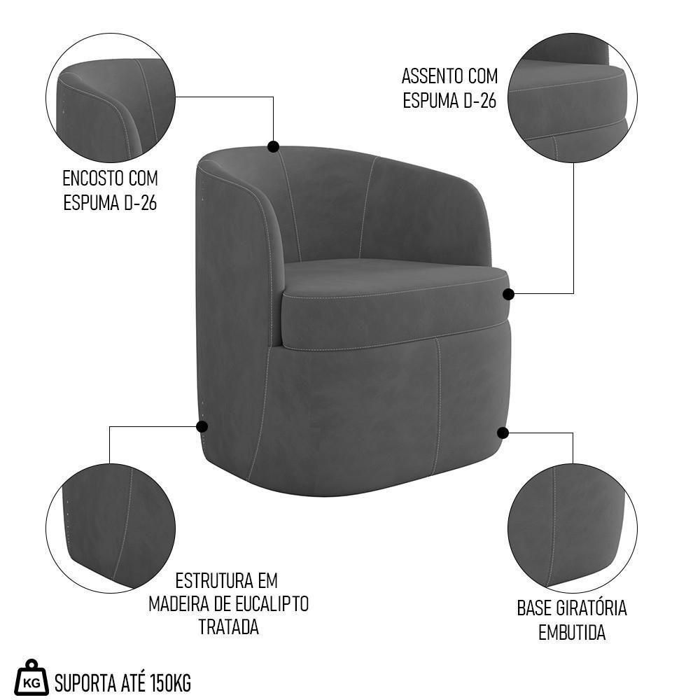 Kit 2 Poltronas Giratória Decorativa Para Sala Dandara K04 Veludo Cinza Escuro - Mpozenato - 8