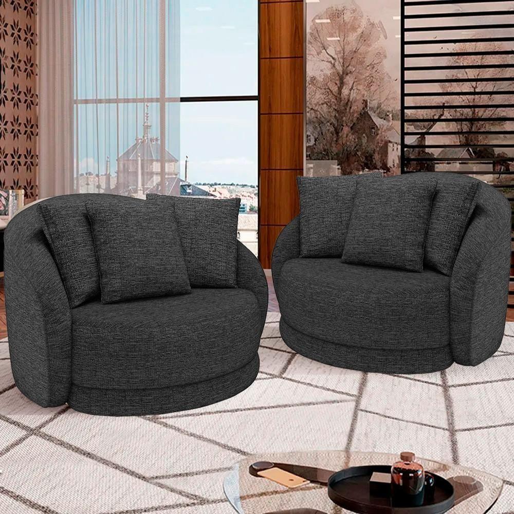 Kit 2 Poltronas Decorativa Giratória Para Sala Kaly M22 Linho Chumbo - Mpozenato - 2