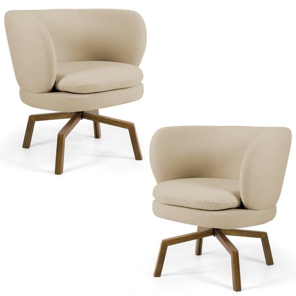 Kit 02 Poltronas Decorativas Melissa Base Ka Giratória Castanho C-129 Linho Bege Escuro - Domi - 1