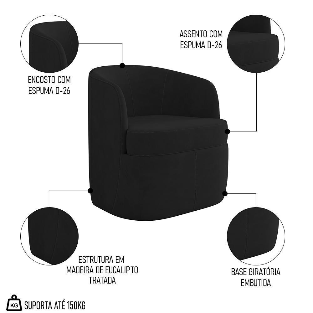 Kit 2 Poltronas Giratória Decorativa Para Sala Dandara K04 Veludo Preto - Mpozenato - 4