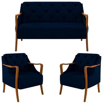 Kit Namoradeira E 2 Poltronas Decorativas Lapa M22 Veludo Azul Mpozenato