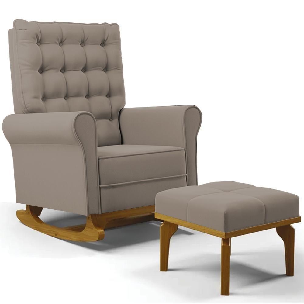 Poltrona De Amamentação Balanço E Puff Base De Madeira Brenda G05 Veludo Areia - Mpozenato - 1