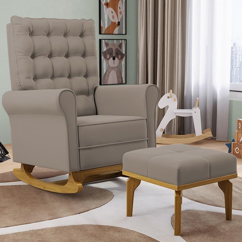Poltrona De Amamentação Balanço E Puff Base De Madeira Brenda G05 Veludo Areia - Mpozenato - 2