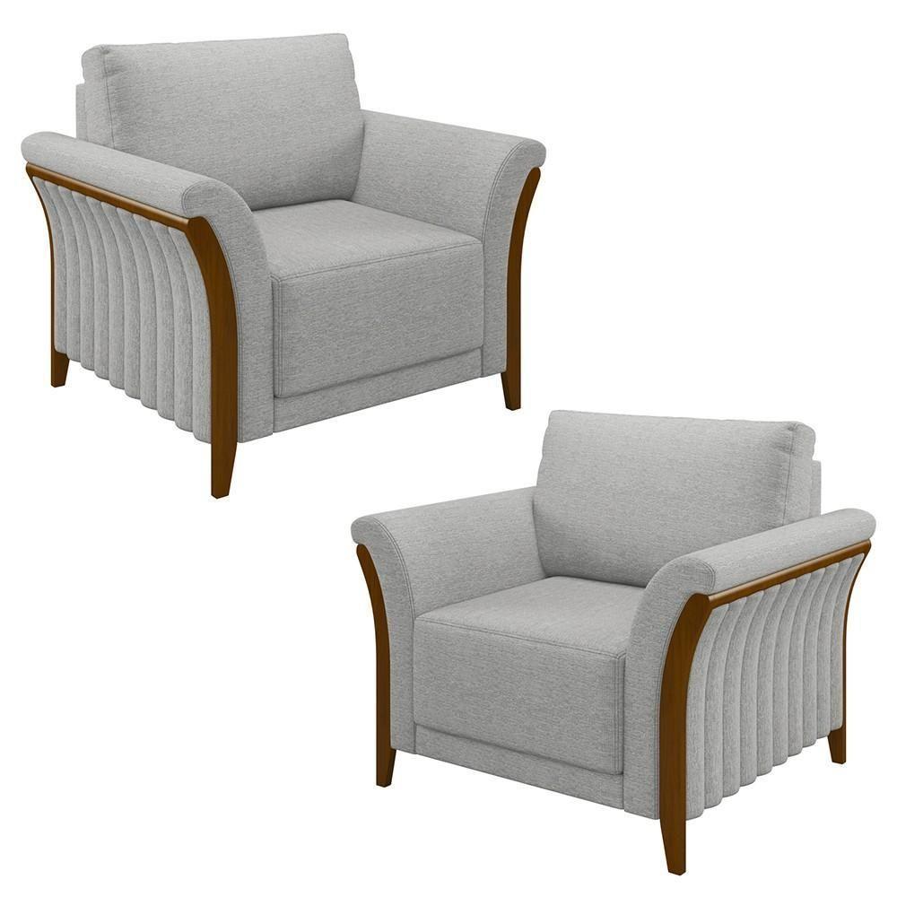 Kit 2 Poltronas Decorativas Sala De Estar 102cm Pés Madeira Roya M22 Linho Cinza - Mpozenato - 1