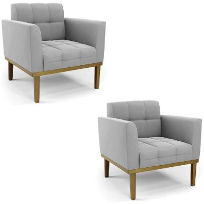 Kit 2 Poltronas Ana Para Sala Suede Cinza Base Madeira Ibiza