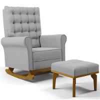 Poltrona De Amamentação Balanço E Puff Base De Madeira Brenda G05 Veludo Cinza - Mpozenato - 1