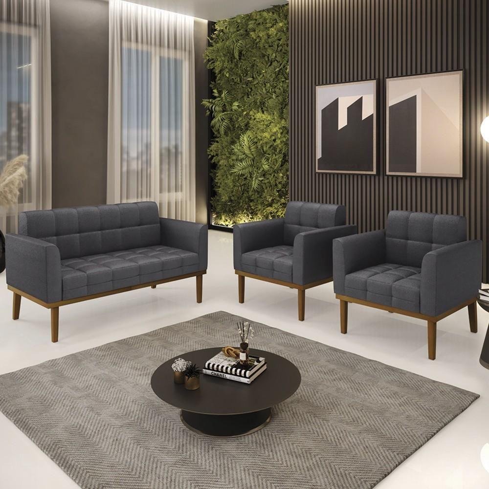 Namoradeira E 2 Poltronas Base Madeira Castanho Ana Bouclé Grafite - Ibiza - 2