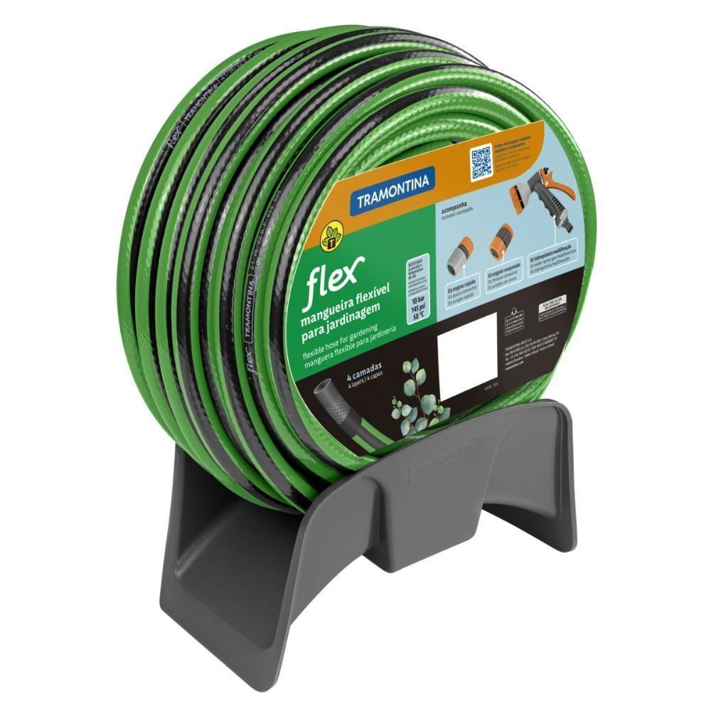 Mangueira Flex Para Jardim Tramontina Verde Com Faixa Preta Em Pvc 4 Camadas 10 M Com Engate Rápido, Engate Rosqueado - 1