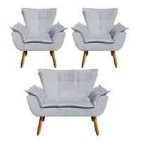 Kit Namoradeira 2 Lugares E 2 Poltronas Decorativas Pés Palito Opla Suede Cinza - Ibiza - 1