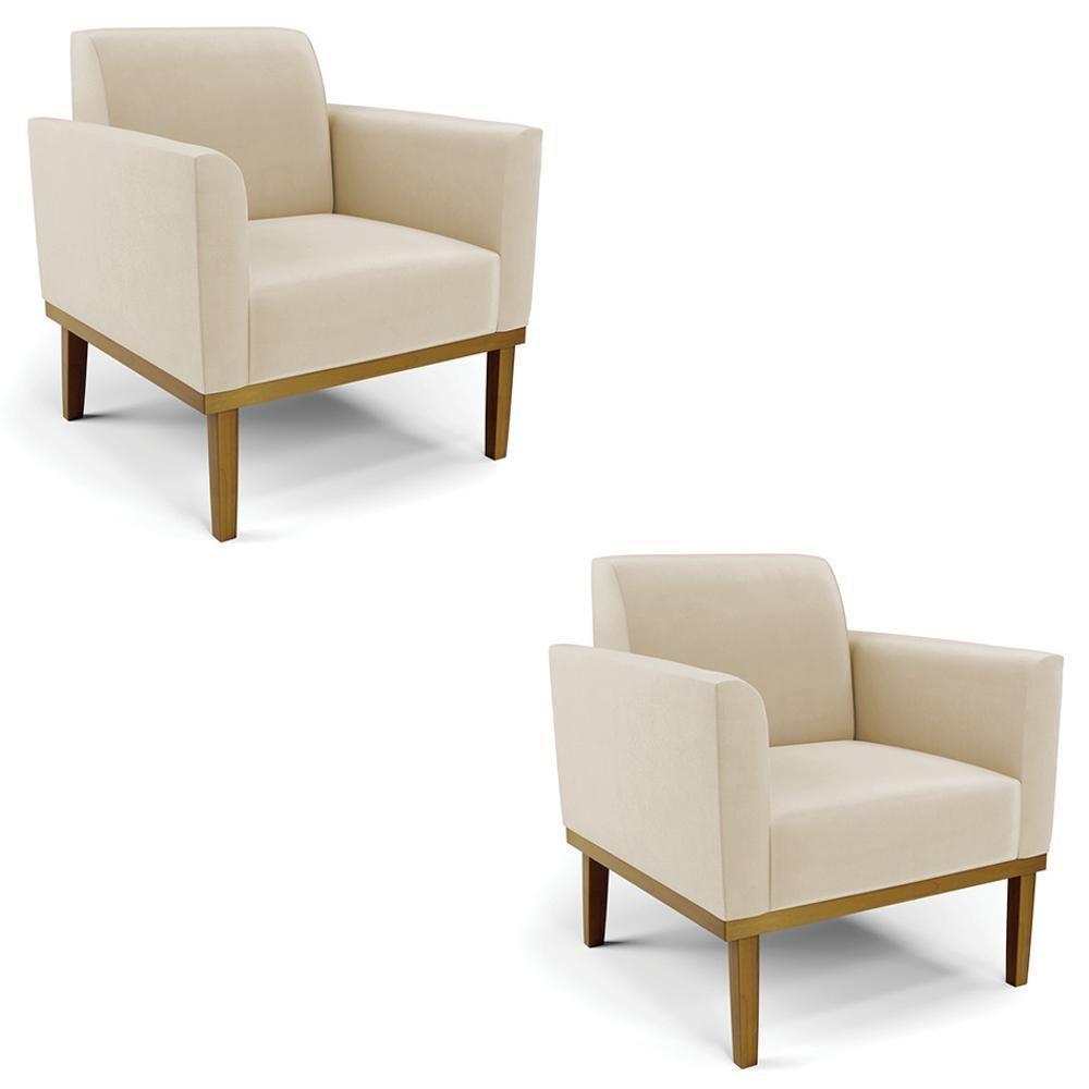 Poltrona Base Madeira Castanho Kit 2 Maressa Suede Bege - Ibiza - 1