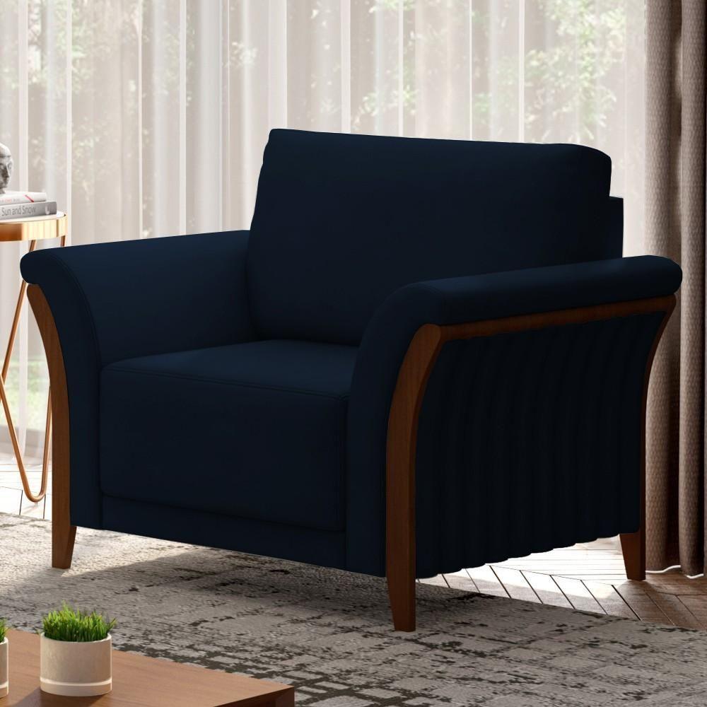 Poltrona Decorativa Sala De Estar 102cm Pés Madeira Roya M22 Veludo Azul Marinho - Mpozenato - 2