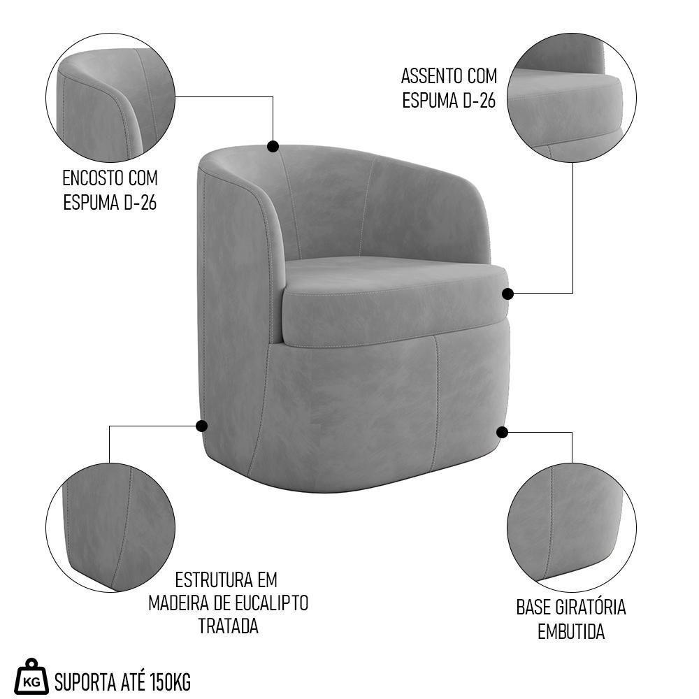 Poltrona Giratória Decorativa Para Sala Dandara K04 Veludo Cinza - Mpozenato - 3