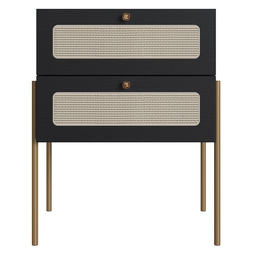 Mesa De Cabeceira Com 2 Gavetas Pé Metal Arlo A10 Nero/dourado - Mpozenato - 2