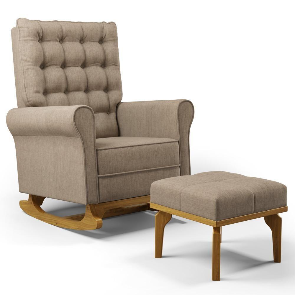 Poltrona De Amamentação Balanço E Puff Base De Madeira Brenda G05 Linho Areia - Mpozenato - 1