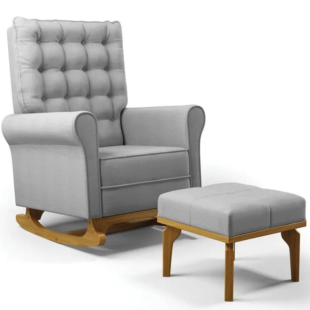 Poltrona De Amamentação Balanço E Puff Base De Madeira Brenda G05 Linho Cinza Escuro - Mpozenato - 1