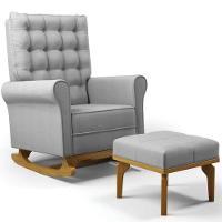 Poltrona De Amamentação Balanço E Puff Base De Madeira Brenda G05 Linho Cinza Escuro - Mpozenato - 1