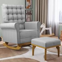 Poltrona De Amamentação Balanço E Puff Base De Madeira Brenda G05 Linho Cinza Escuro - Mpozenato - 2