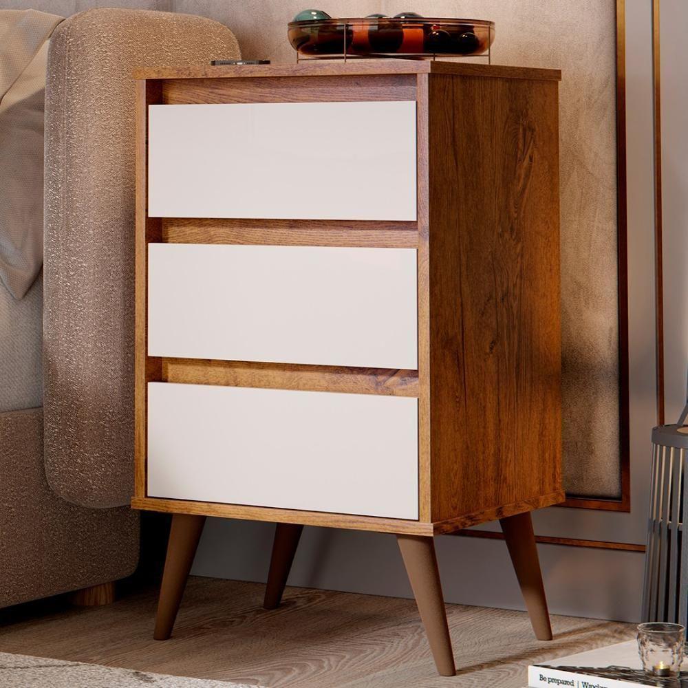 Mesa De Cabeceira Pés Retrô 3 Gavetas 43cm Wood Freijó/off - Ej Móveis - 2