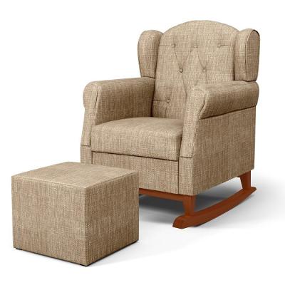 Poltrona Amamentação Base Madeira Balanço E Puff Lucy P04 Linho Bege Escuro - Mpozenato