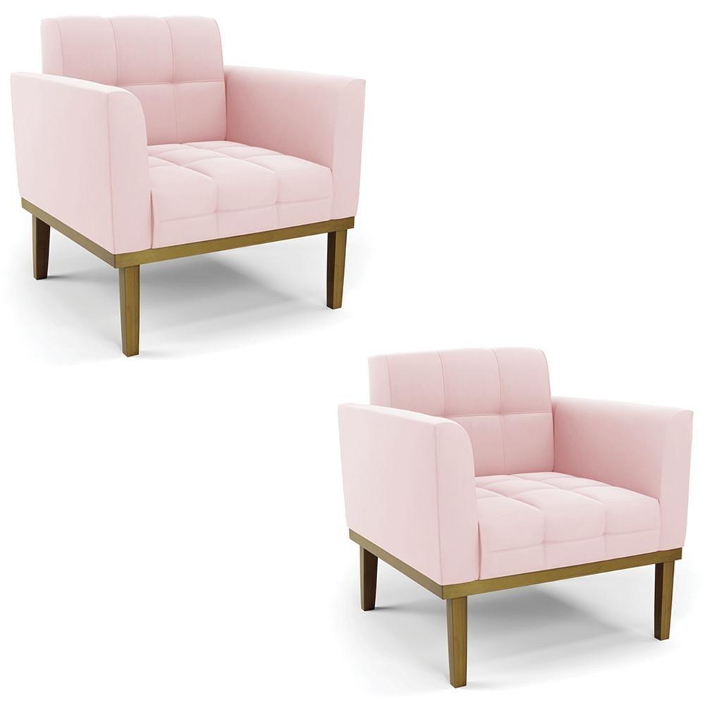 Poltrona Base Madeira Castanho Kit 2 Ana Suede Rosa Bebê - Ibiza - 1